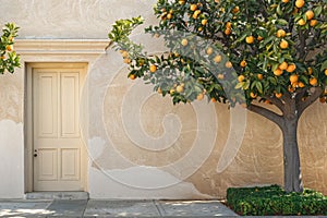 Orange tree against traditional Mediterranean city house building with a wooden door