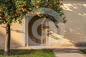 Orange tree against traditional Mediterranean city house entrance