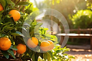 Orange tree in backyard. Fresh ripe oranges hanging on trees in orange garden. Details of Spain