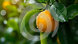 Orange tree branch with green leaves