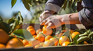 orange on tree, close-uo of hand picking orange, oranges in the garden, harvest for oranges