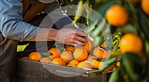 orange on tree, close-uo of hand picking orange, oranges in the garden, harvest for oranges