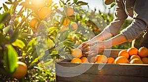 orange on tree, close-uo of hand picking orange, oranges in the garden, harvest for oranges