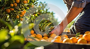 orange on tree, close-uo of hand picking orange, oranges in the garden, harvest for oranges