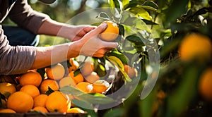 orange on tree, close-uo of hand picking orange, oranges in the garden, harvest for oranges