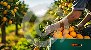 orange on tree, close-uo of hand picking orange, oranges in the garden, harvest for oranges