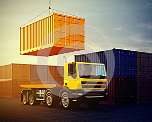 Orange truck on background of stack of freight containers