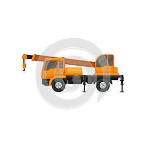 Orange truck crane. Heavy machinery with boom and hook for lifting weights. Equipment using in construction industry