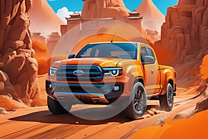 An orange truck drives across a vibrant orange bakground reminiscent of 2d game art theme