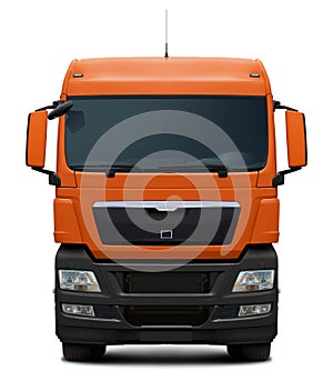 Orange truck Man TGX with black plastic bumper.