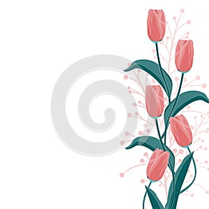 The orange tulip and herbs elegant card. A spring decorative bouquet of orange tulips flowers.