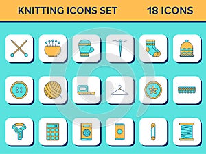 Orange And Turquoise Color Set Of Knitting Icons In Square