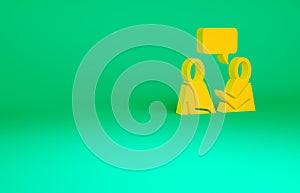 Orange Two sitting men talking icon isolated on green background. Speech bubble chat. Message icon. Communication or