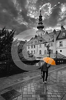 Orange umbrella and Bratislava old town