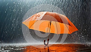 Orange umbrella under heavy rain splash