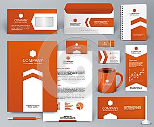 Orange universal branding design kit with arrow.