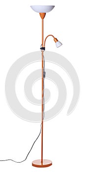 Orange uplighter torchiere floor lamp with shade and  small reading light isolated on white background