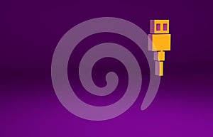 Orange USB cable cord icon isolated on purple background. Connectors and sockets for PC and mobile devices. Minimalism