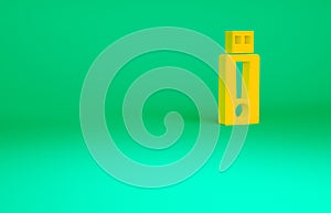 Orange USB flash drive icon isolated on green background. Minimalism concept. 3d illustration 3D render