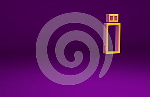 Orange USB flash drive icon isolated on purple background. Minimalism concept. 3d illustration 3D render