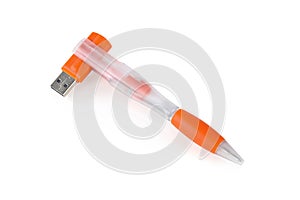 Orange USB pen, flash drive on white isolated background