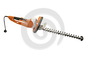 Orange used electric hedge trimmer isolated on a white background