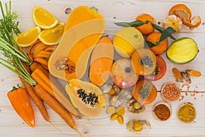 Orange vegetables and fruit