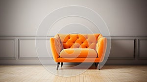Orange velvet chair against a wall 