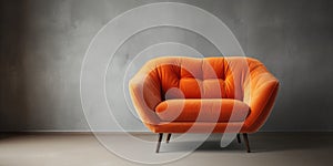 Orange velvet loveseat sofa or snuggle chair in empty room. Interior design of modern minimalist living room