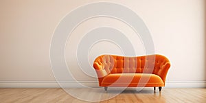 Orange velvet loveseat sofa or snuggle chair in empty room. Interior design of modern minimalist living room