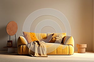 Orange velvet loveseat sofa or snuggle chair in empty room. Interior design of modern minimalist living room. Created with