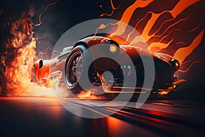 Orange vintage sports car on fire background. 3d render illustration.