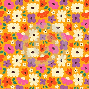 Orange vivid bright groovy flower seamless pattern