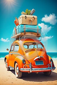 Orange vw bug on the beach with luggage on top of it. Generative AI