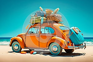 Orange vw bug with luggage on top of it's roof. Generative AI