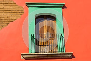 Orange Wall Green Window Mexican Building Oaxaca Mexico