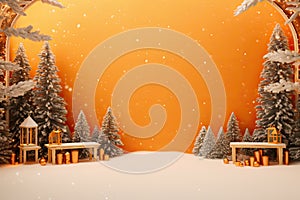 Orange wall mockup with copy space decorated in Christmas style with lights and pines on the sides