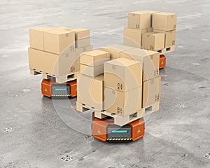 Orange warehouse robot carriers carrying cardboard boxes