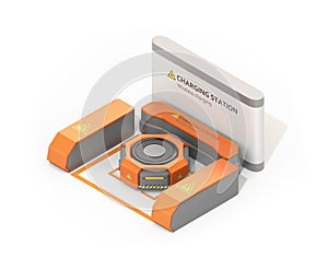 Orange warehouse robot charging at charging station