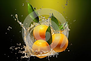 Orange and water splash. Water splashing on orange and leaves. Refreshing summer concept.