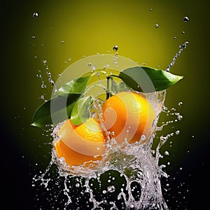 Orange and water splash. Water splashing on orange and leaves. Refreshing summer concept.