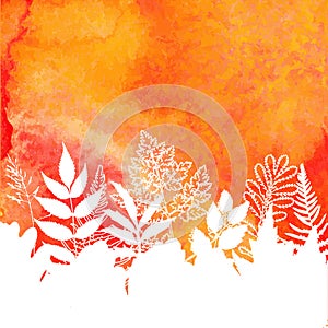 Orange watercolor painted autumn foliage background