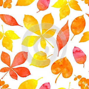 Orange watercolor painted autumn leaves. Vector seamless pattern