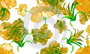 Orange Watercolor Painting. Yellow Flower Backdrop. Blue Seamless Painting. Green Pattern Background. Autumn Tropical Decor. Color