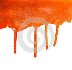 Orange watercolor stains texture with drib. Abstract hand painting background on white.
