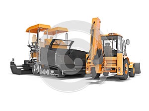 Orange wheeled tractor with bucket at the back and tracked paver in front 3D rendering on white background with shadow