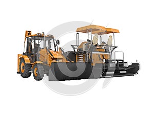 Orange wheeled tractor in front and asphalt spreader machine backside 3D rendering on white background no shadow