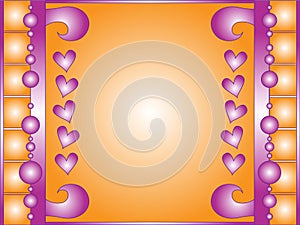 Orange and white background with purple hearts and curls
