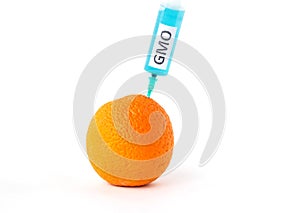 Orange on a white background in which enter gmo and nitrates, close-up, genetically modified organism, orange