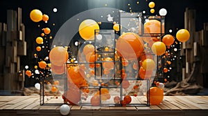 Orange and white balls floating in a glass box